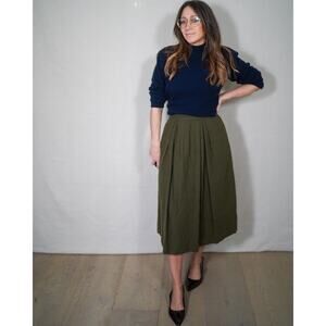 Vintage Olive Wool Pleated Midi Skirt